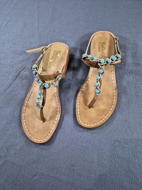Safari Club Positano Made in Italy Brown Leather T-Strap Sandals with Turquoise